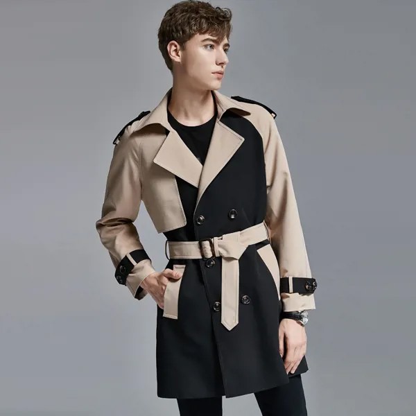 Ветровка мужская средней длины, двубортный классический модный дизайнерский плащ в стиле пэчворк, Повседневная Свободная винтажная куртка, осень