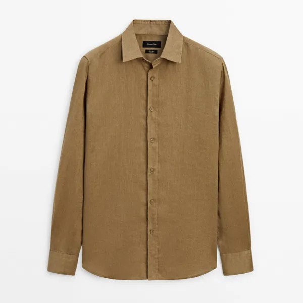 Рубашка Massimo Dutti Dyed Thread Regular Fit Linen, оливковый