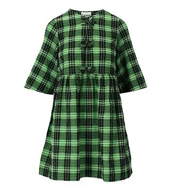 Зеленое мини-платье в клетку из жатого хлопка Ganni Женское
