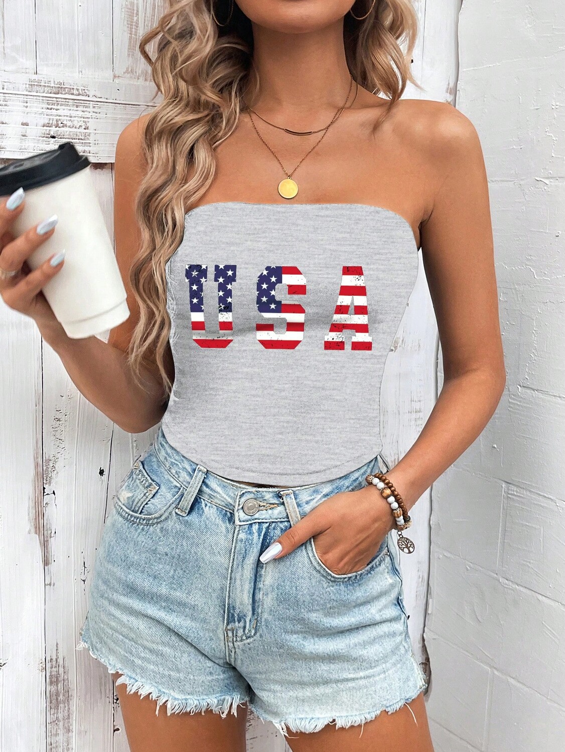 SHEIN LUNE USA женская повседневная облегающая короткая рубашка без бретелек, подходящая для лета, светло-серый