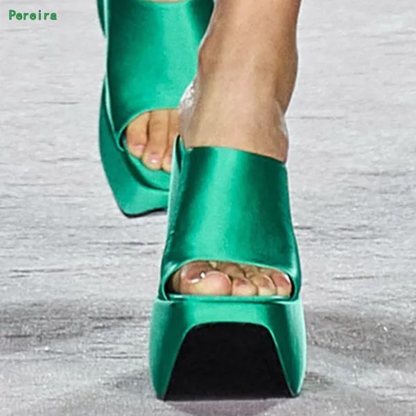 Женские туфли на танкетке, зеленые однотонные шлепанцы на платформе, без застежки, с круглым носком, лето 2022