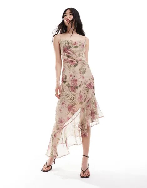 Miss Selfridge — Длинное шифоновое платье-комбинация с цветочным животным принтом и воротником-хомутом