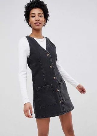 Джинсовый сарафан с V-образным вырезом и пуговицами ASOS DESIGN Tall-Черный
