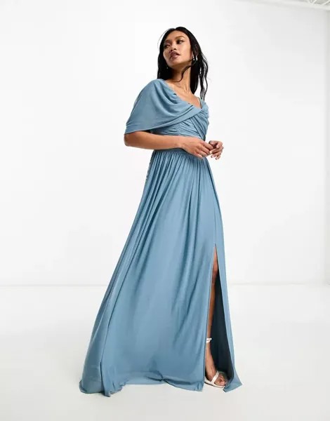 Синее сетчатое платье макси Little Mistress Bridesmaids со сборками и вырезом кармен