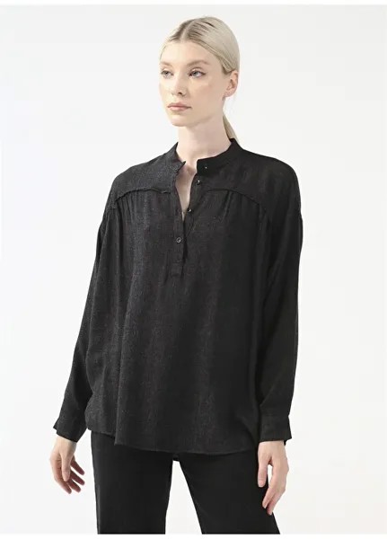 Однотонная женская блузка антрацитового меланжа с длинным воротником Fabrika Comfort