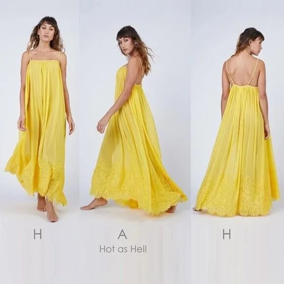HAH HOT AS HELL Желтое полупрозрачное сетчатое кружевное платье макси Lemon Mad с вышивкой XS