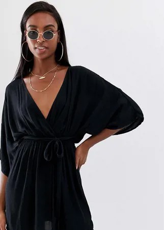 Черная пляжная накидка с глубоким вырезом, поясом и рукавами-кимоно ASOS DESIGN Tall-Черный