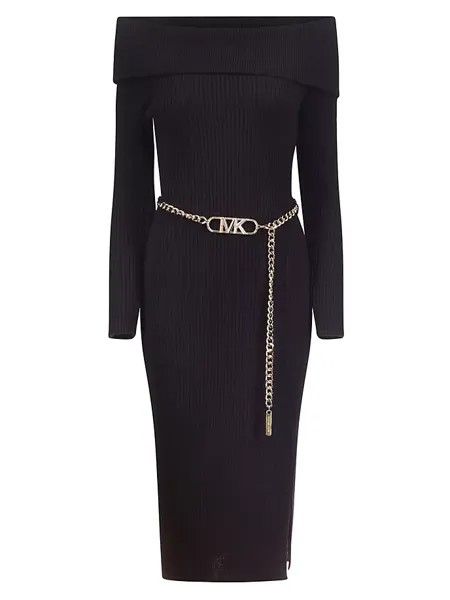 Платье-свитер с открытыми плечами из смесовой шерсти с поясом-цепочкой Michael Michael Kors, черный
