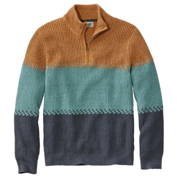Норвежский свитер мужской 1/4 Zip Henley воротник-стойка ретро цветной блок хлопок вафельный свитер в полоску Qutdoor осень и Wi