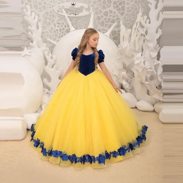 Платье принцессы с желтыми и синими цветами, украинские платья для девочек, Пышное Бальное платье с короткими рукавами, фатиновое детское п...