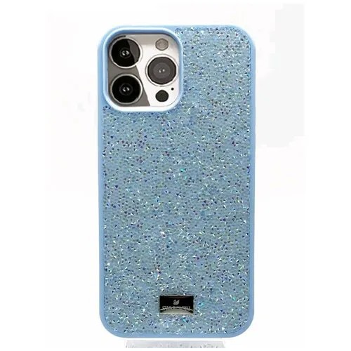 Чехол Сваровски (Swarovski) на айфон 14 Pro Max , силиконовый со старазами, голубой