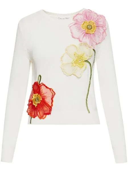 Джемпер с вышивкой Painted Poppies Oscar de la Renta, белый