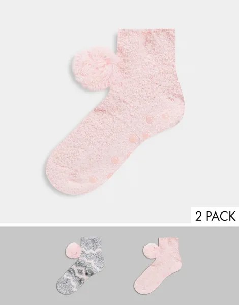 Набор из 2 пар мягких носков с помпонами и узором фэр-айл Loungeable-Розовый