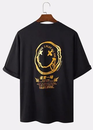 Мужские свободные уличные футболки с короткими рукавами из 100% хлопка с золотой гримасой и буквенным принтом