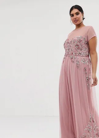 Премиум-платье макси со сплошной декоративной отделкой и сетчатыми рукавами Maya Plus-Розовый цвет