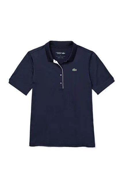 Спортивная приталенная темно-синяя женская футболка-поло Lacoste