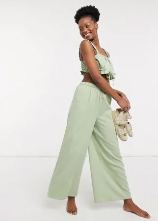 Эксклюзивные травянисто-зеленые пляжные брюки широкого кроя с завышенной талией от комплекта Fashion Union-Зеленый цвет