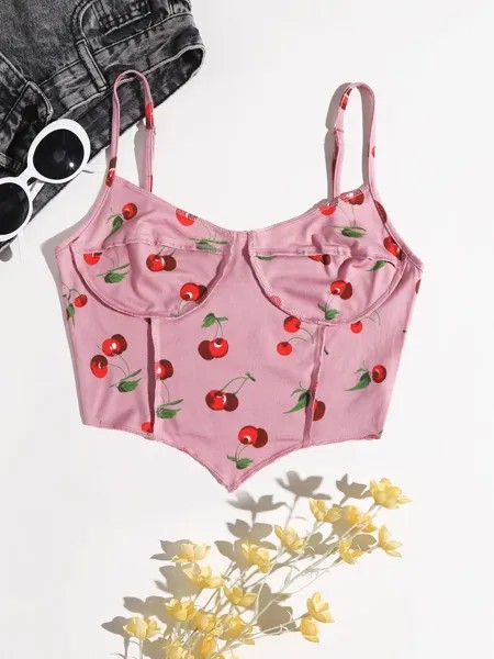 SHEIN EZwear однобортная рубашка, асимметричный низ, узор вишни, розовый