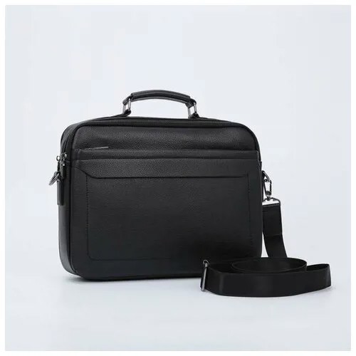 Деловая сумка на молниях, 2 наружных кармана, длинный ремень, цвет чёрный