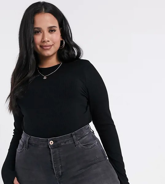Черный лонгслив в рубчик с отверстием для большого пальца ASOS DESIGN Curve-Черный цвет