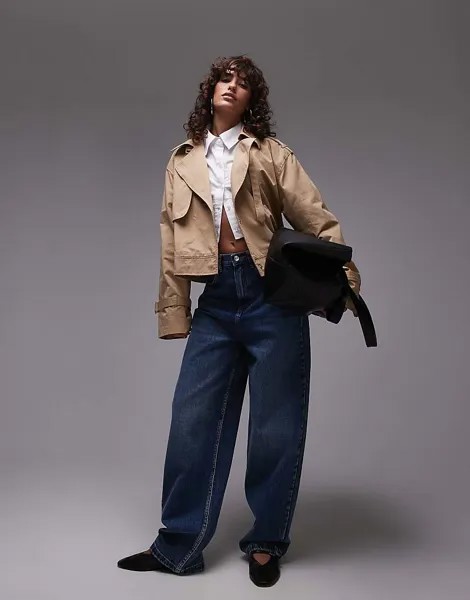 Укороченный хлопковый тренч Topshop бежевого цвета