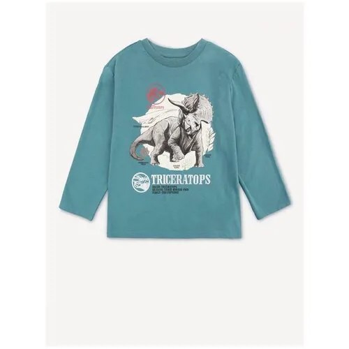 Бирюзовый лонгслив с динозавром Jurassic Dark для мальчика Gloria Jeans, размер 6-7л/122