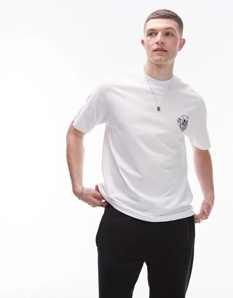 Белая футболка оверсайз с вышивкой черепа и слов Topman