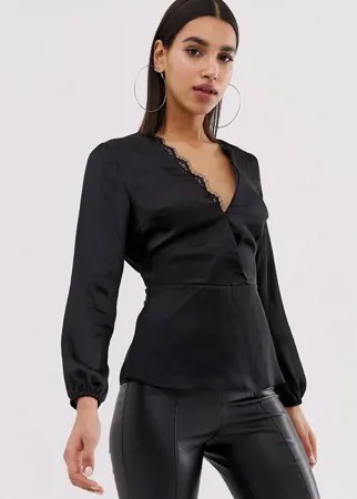Черная блузка с кружевной отделкой и завязкой Lipsy-Черный