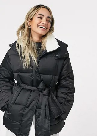 Сатиновый пуховик с поясом и воротником «борг» ASOS DESIGN Petite-Neutral