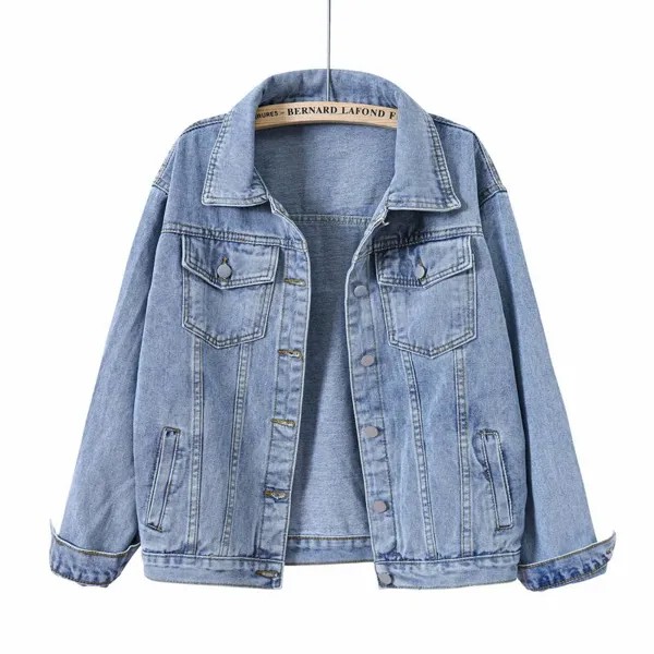 Весна Осень Синий Джинсовая куртка Женская короткая корейская свободная свободная длинная рукава плюс размер джинсовая куртка студенческий топ