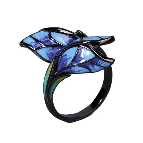 Ручная работа Синяя эмаль Цветок Обручальные кольца Женщины Элегантный Бутон Винтажное кольцо для пальцев Ювелирные изделия