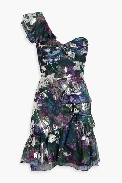 Шифоновое мини-платье на одно плечо с металлизированным цветочным принтом Marchesa Notte, изумруд