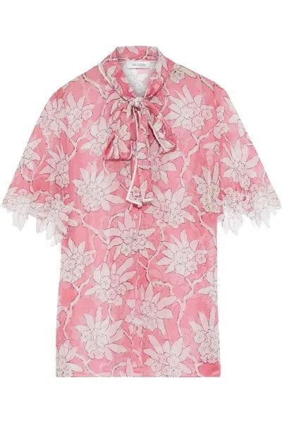 Блузка из шелкового шифона с бантом и цветочным принтом VALENTINO GARAVANI, розовый