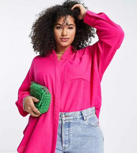 Фактурная ярко-розовая рубашка в стиле oversized удлиненного кроя ASOS DESIGN Curve-Розовый цвет