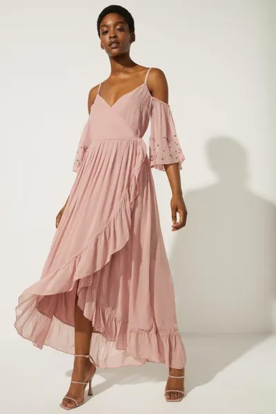 Украшенное платье миди с открытыми плечами и запахом Oasis, розовый