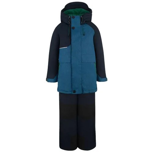 Комплект с брюками Oldos зимний, светоотражающие элементы, водонепроницаемый, защита от попадания снега, капюшон, карманы, подтяжки, пояс на резинке, размер 98, синий, черный