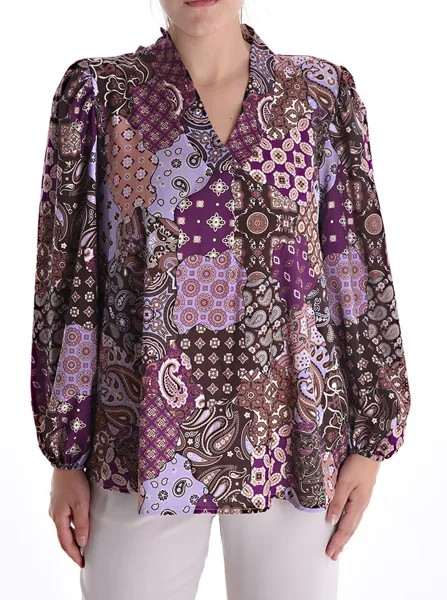 Блузка с пышными рукавами и жаккардовым принтом, с v-образным вырезом, лиловый