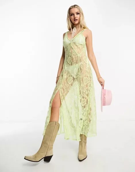 Фестивальное платье миди из прозрачного лаймово-зеленого кружева Miss Selfridge на тонких бретелях