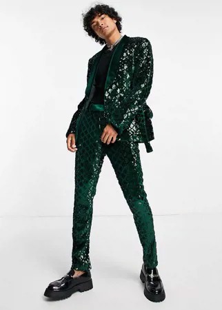 Зеленые бархатные зауженные брюки с узором «ромбы» из пайеток ASOS DESIGN-Зеленый цвет