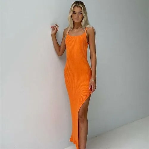 Платье-лапша прилегающее, миди, открытая спина, размер 48, оранжевый