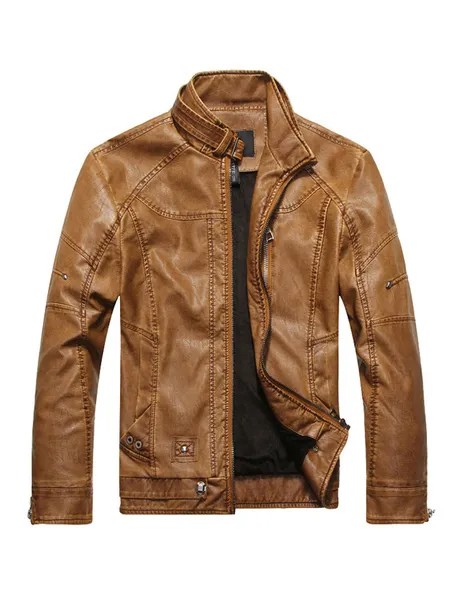 Milanoo Leather Jacket For Man Casual Windbreaker Fall Coffee Brown Cool Leather Jacket