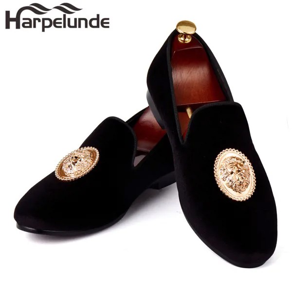 Мужские бархатные туфли Harpelunde, черные туфли с пряжкой в форме льва, лоферы, слиперы, размеры 6-14