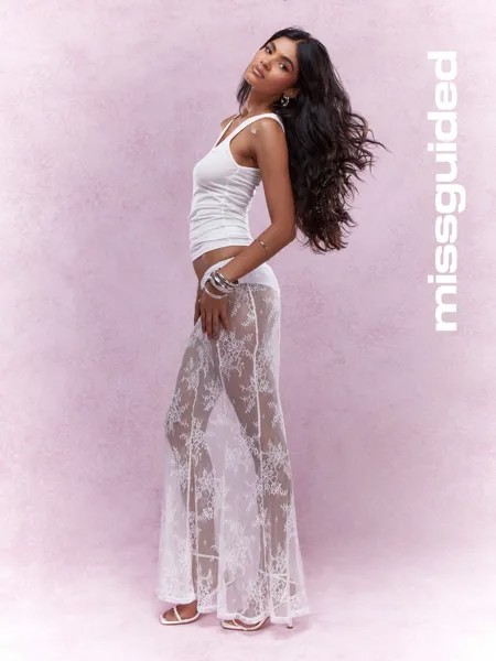 Расклешенная юбка макси из прозрачного кружева MISSGUIDED, белый цвет