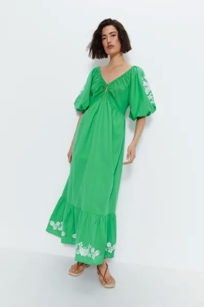 Платье миди с пышными рукавами и вышивкой Warehouse, зеленый