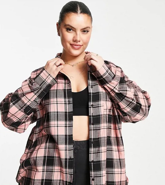 Розовая oversized-рубашка бойфренда в клетку Simply Be-Розовый цвет