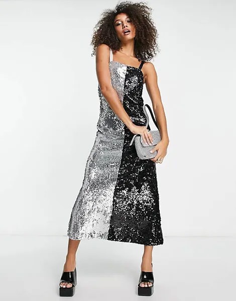 Контрастное платье макси на бретельках с контрастным серебром и черными пайетками Extro & Vert
