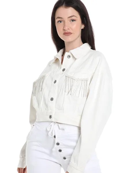 Пиджак из хлопка с карманами и бахромой со стразами, белый