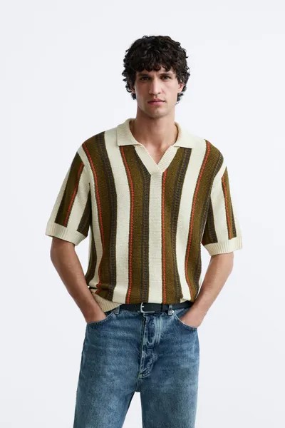 Трикотажная рубашка поло в полоску ZARA, коричневый/бежевый