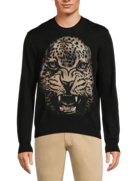 Шерстяной свитер с леопардовым принтом и графическим принтом Roberto Cavalli, черный
