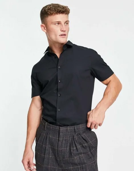 Черная эластичная рубашка с короткими рукавами Topman